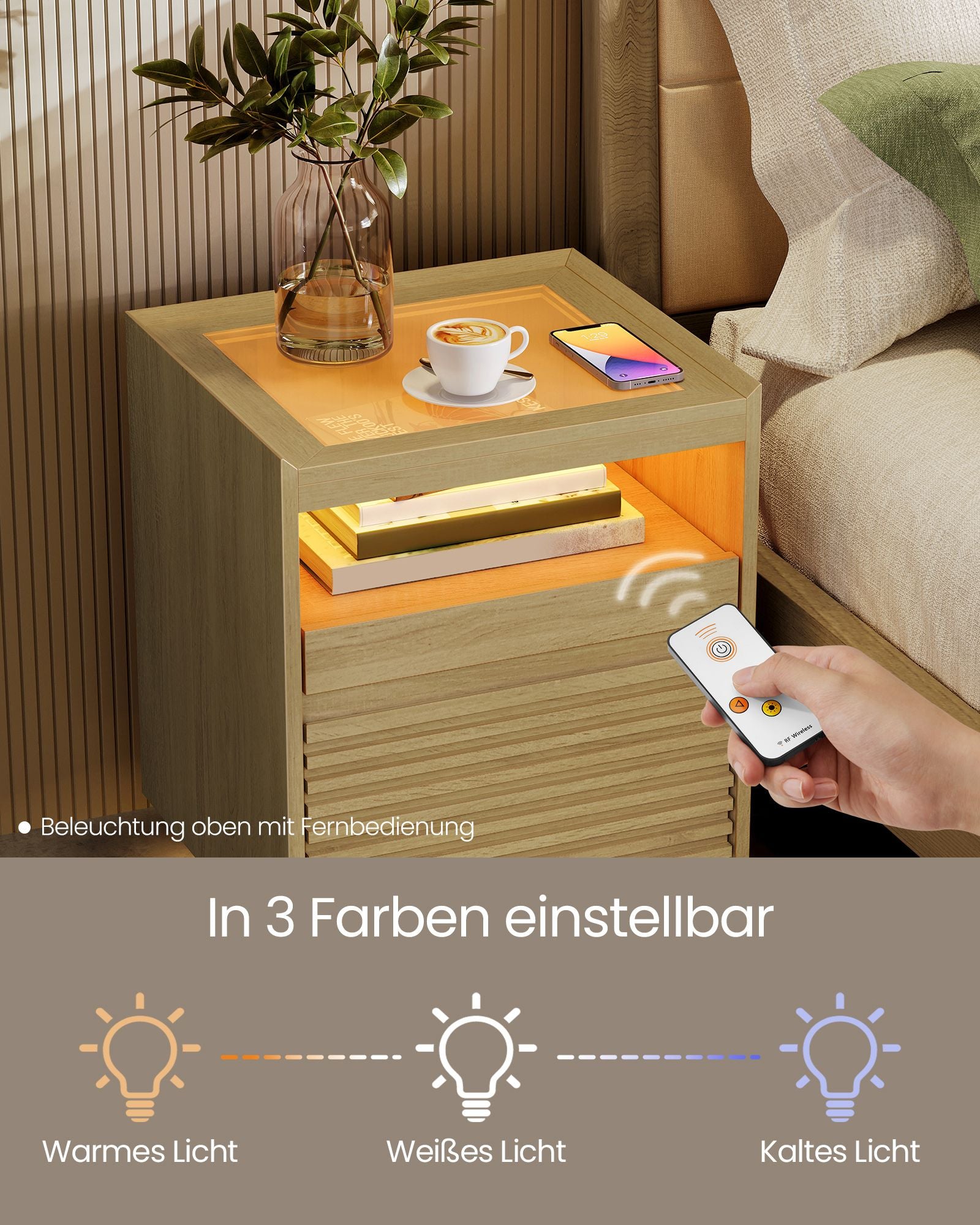 Nachtkastje – met LED-verlichting & uittrekbaar plankje