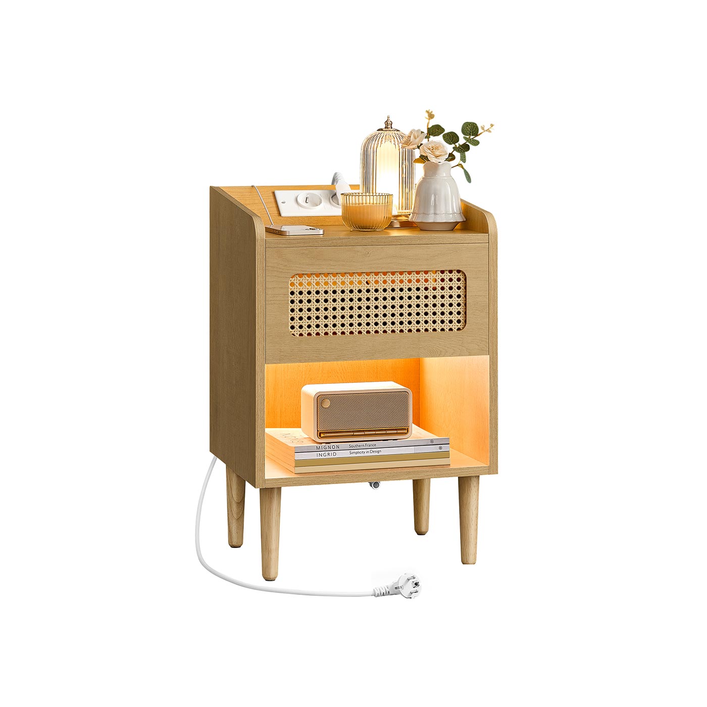 Nachtkastje met oplaadstation en  bewegingsmelder – Eikenbeige – 1 lade – 35 x 40 x 60 cm