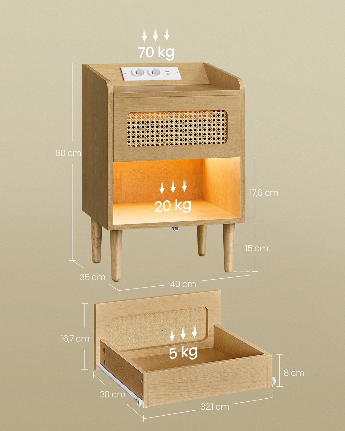 Nachtkastje met oplaadstation en  bewegingsmelder – Eikenbeige – 1 lade – 35 x 40 x 60 cm