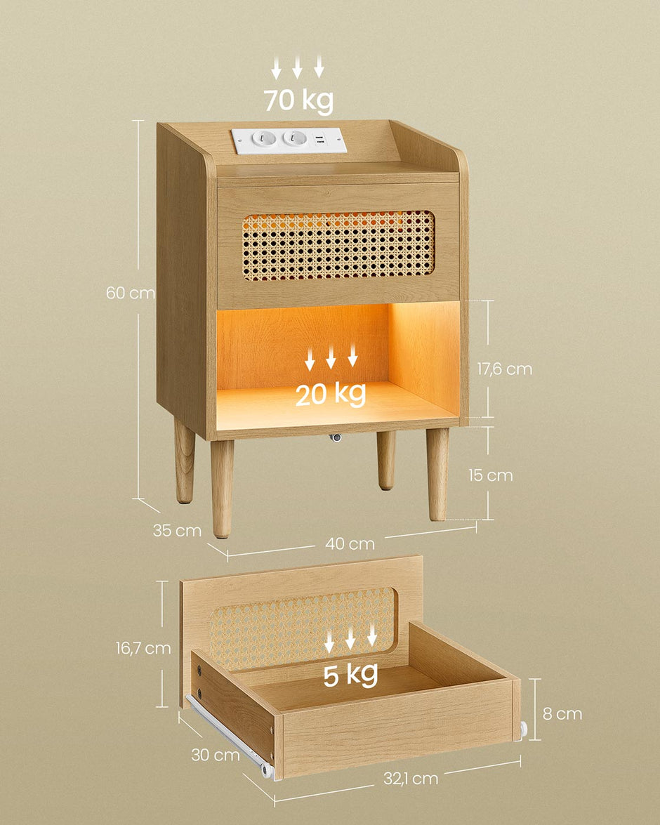 Nachtkastje met oplaadstation en  bewegingsmelder – Eikenbeige – 1 lade – 35 x 40 x 60 cm