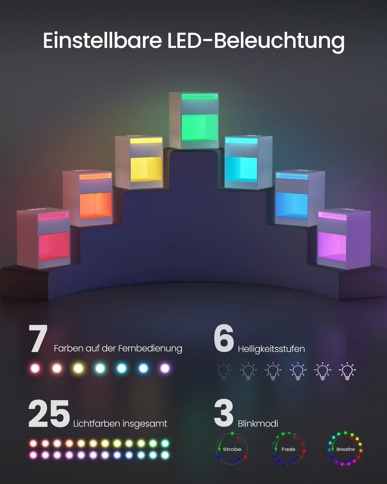 Nachtkastje met LED-verlichting – Wolkwit - Met stopcontact – Met USB poorten