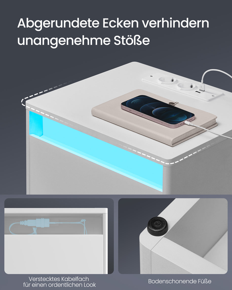 Nachtkastje met LED-verlichting – Wolkwit - Met stopcontact – Met USB poorten