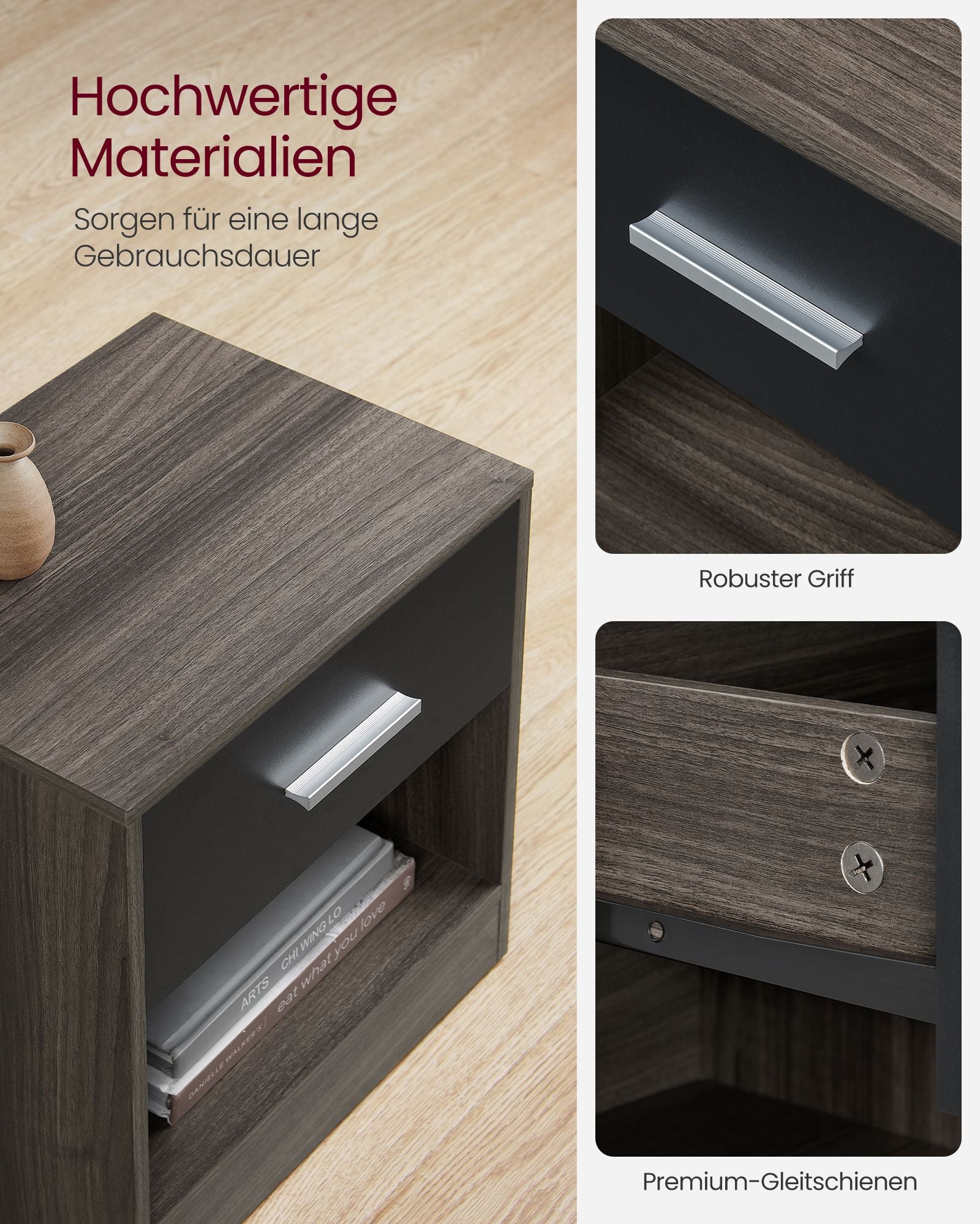 Bijzettafel – met lade – slaapkamer – kastanjebruin-inktzwart