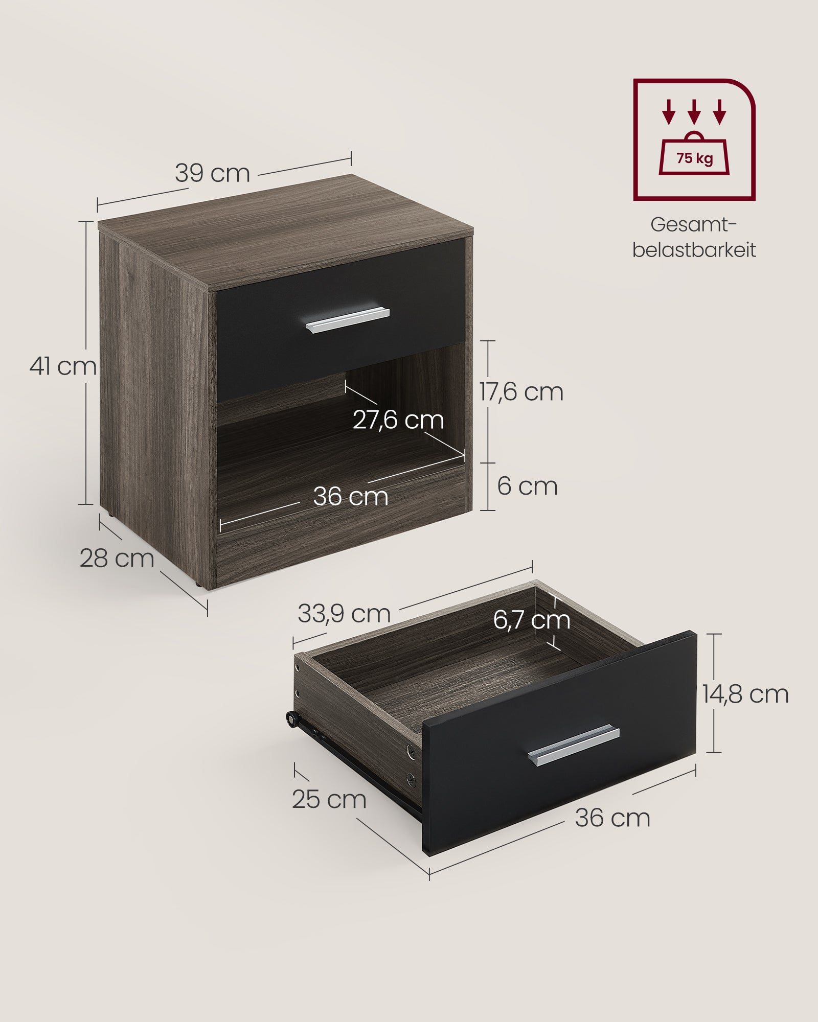 Bijzettafel – met lade – slaapkamer – kastanjebruin-inktzwart