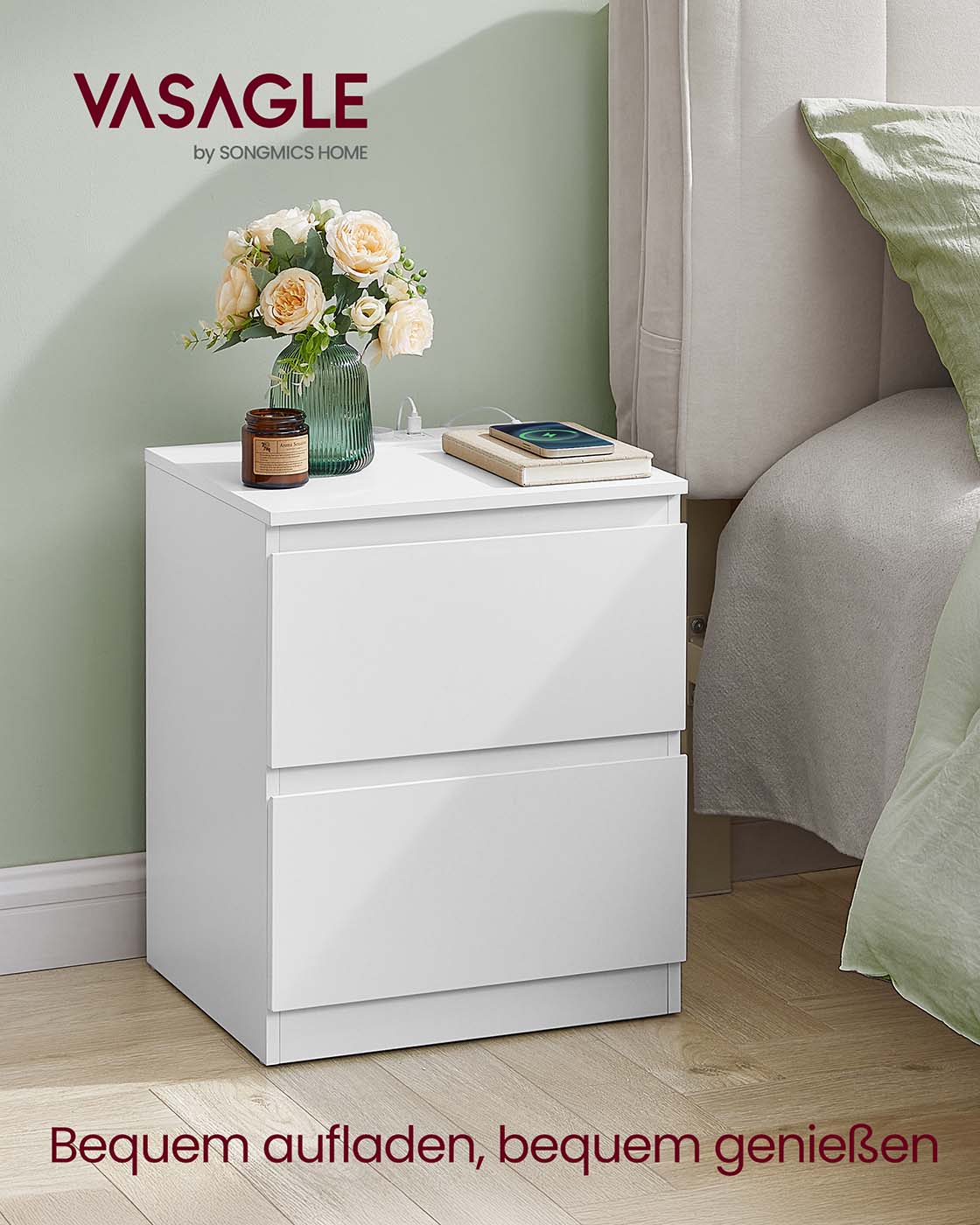 Nachtkastje met 3 lades – Cloud White - Met stopcontact – Met USB poorten