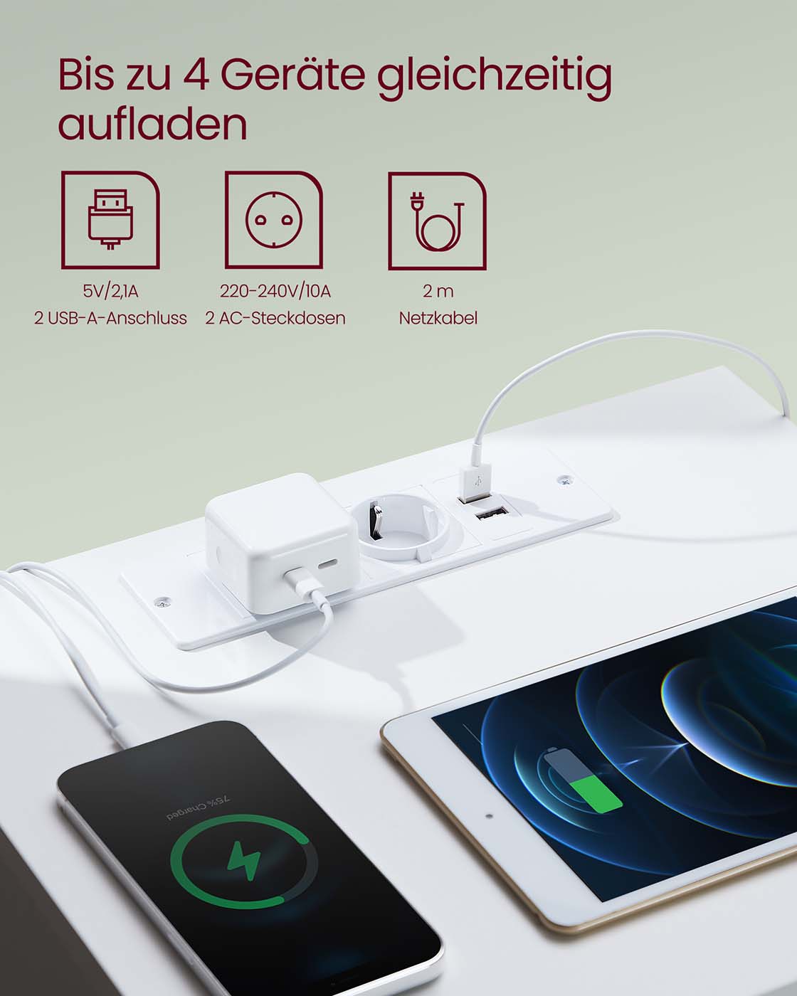 Nachtkastje met 3 lades – Cloud White - Met stopcontact – Met USB poorten