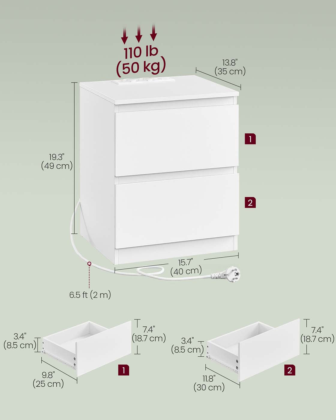 Nachtkastje met 3 lades – Cloud White - Met stopcontact – Met USB poorten