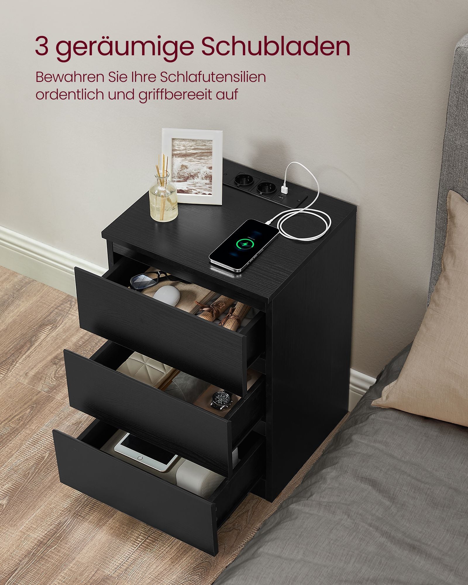 Bijzettafel – met 3 lades – modern – ebbenhoutzwart