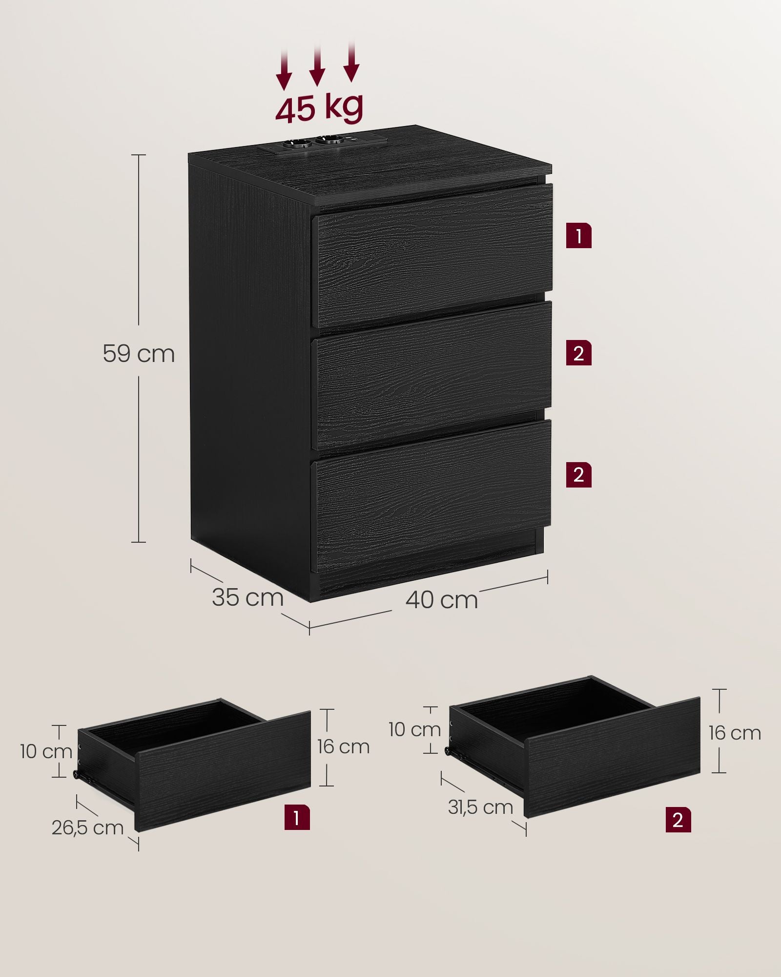 Bijzettafel – met 3 lades – modern – ebbenhoutzwart