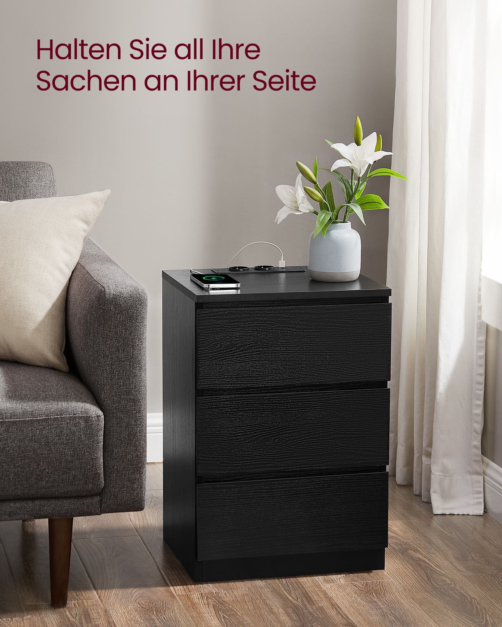 Bijzettafel – met 3 lades – modern – ebbenhoutzwart