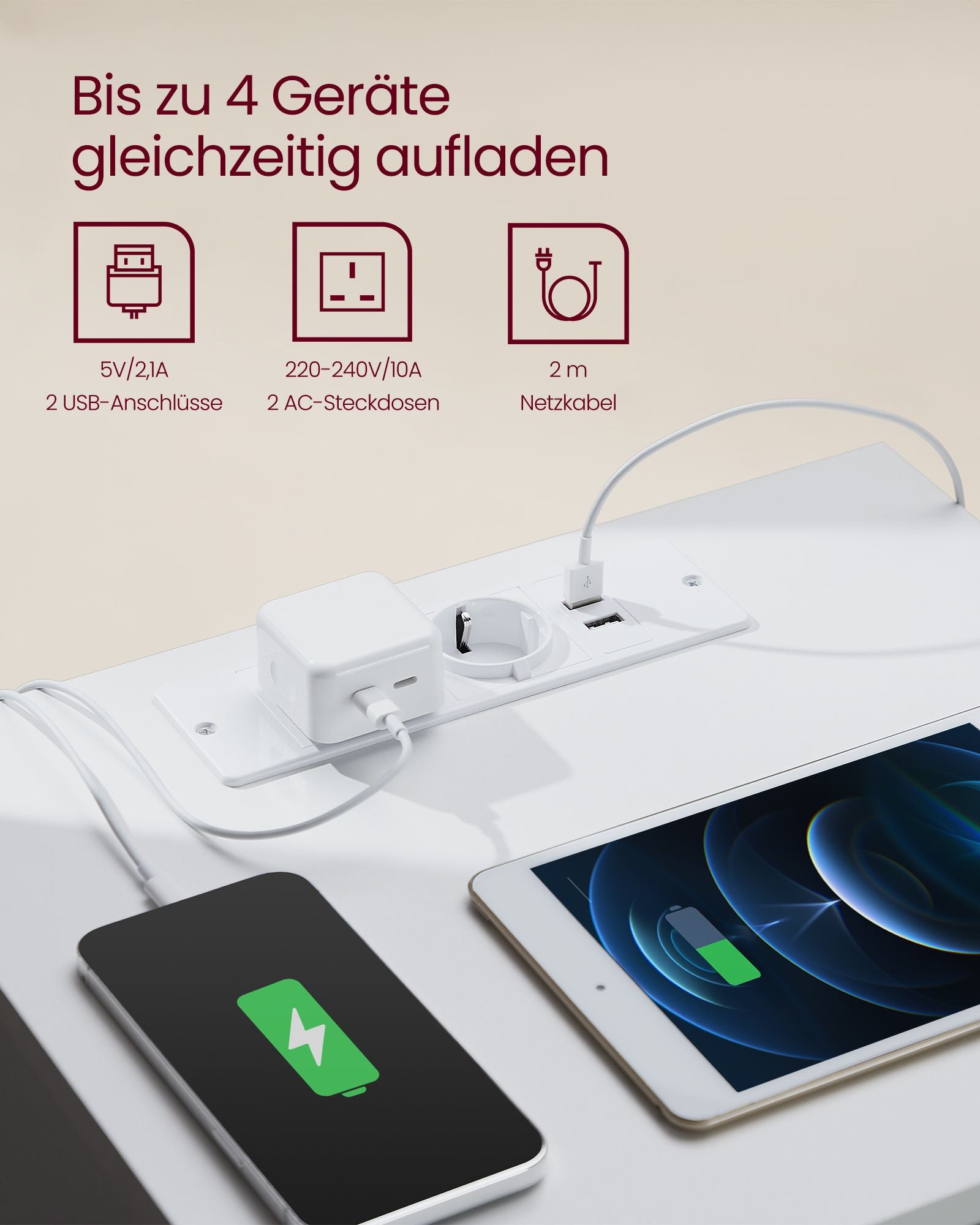 Bijzettafel – met 2 stopcontacten – slaapkamer – wolkwit