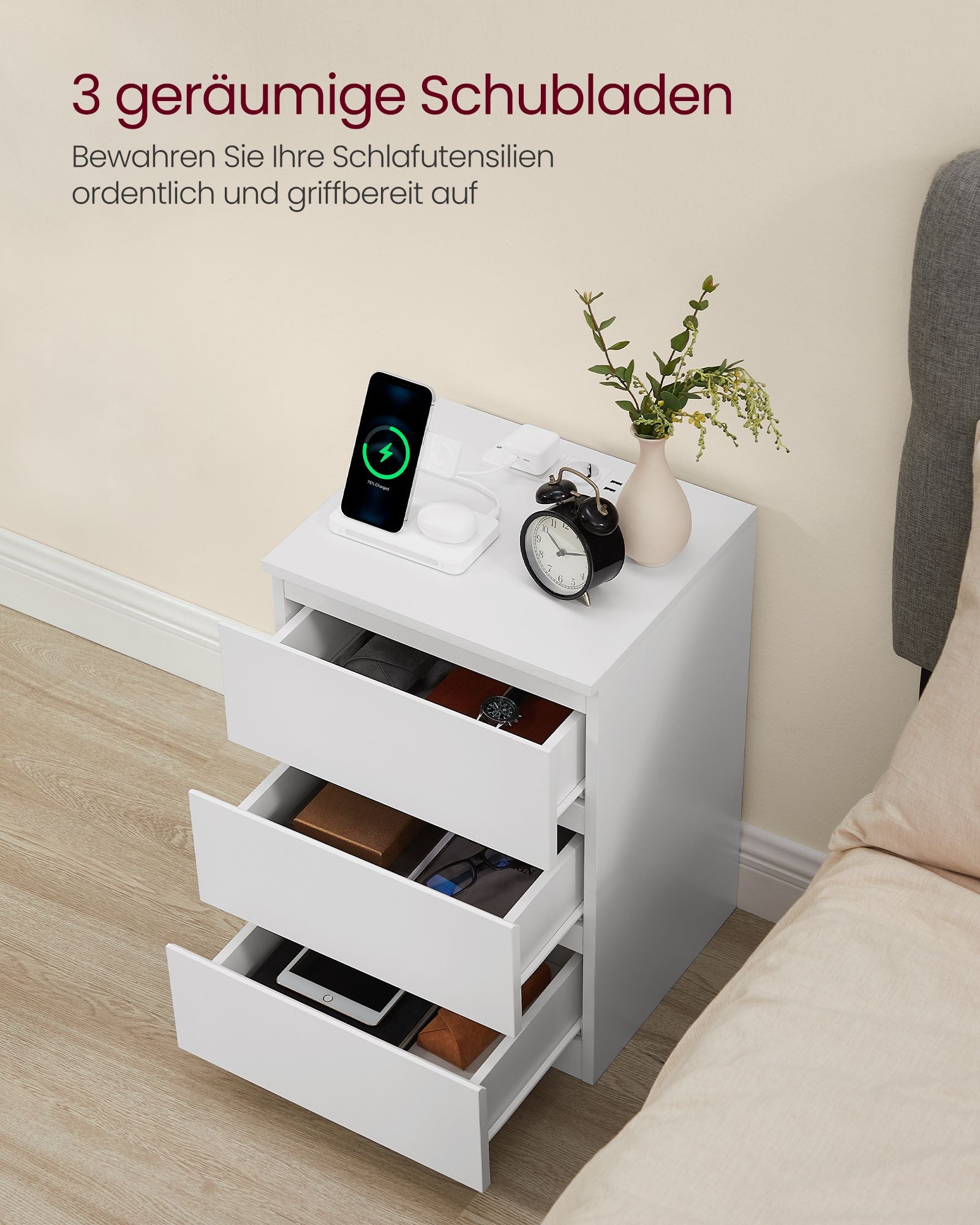 Bijzettafel – met 2 stopcontacten – slaapkamer – wolkwit