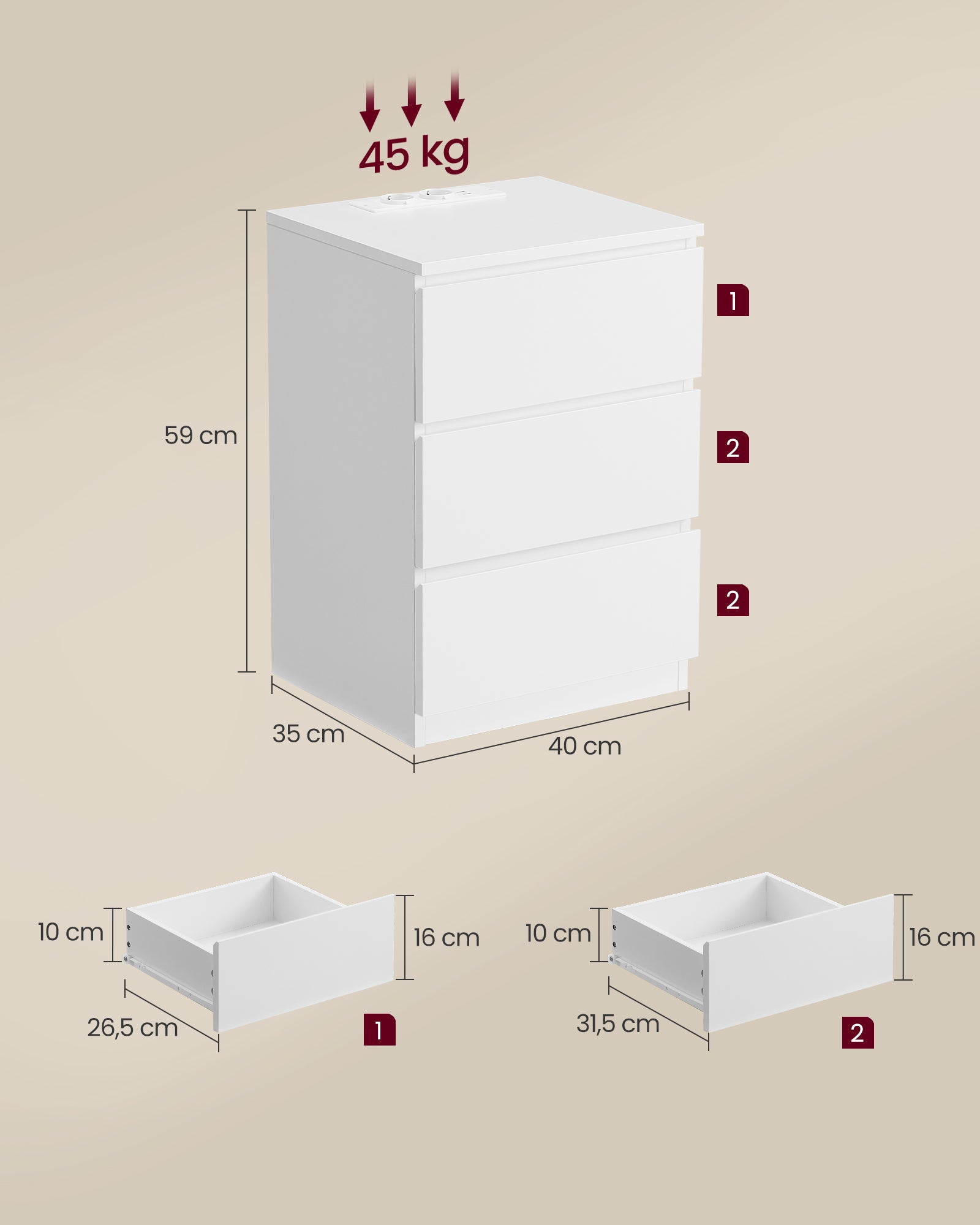 Bijzettafel – met 2 stopcontacten – slaapkamer – wolkwit