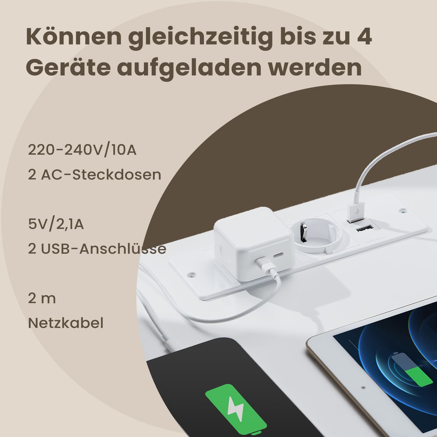 Bijzettafel – Met 2 stopcontacten, wolkwit, ideaal voor slaapkamer