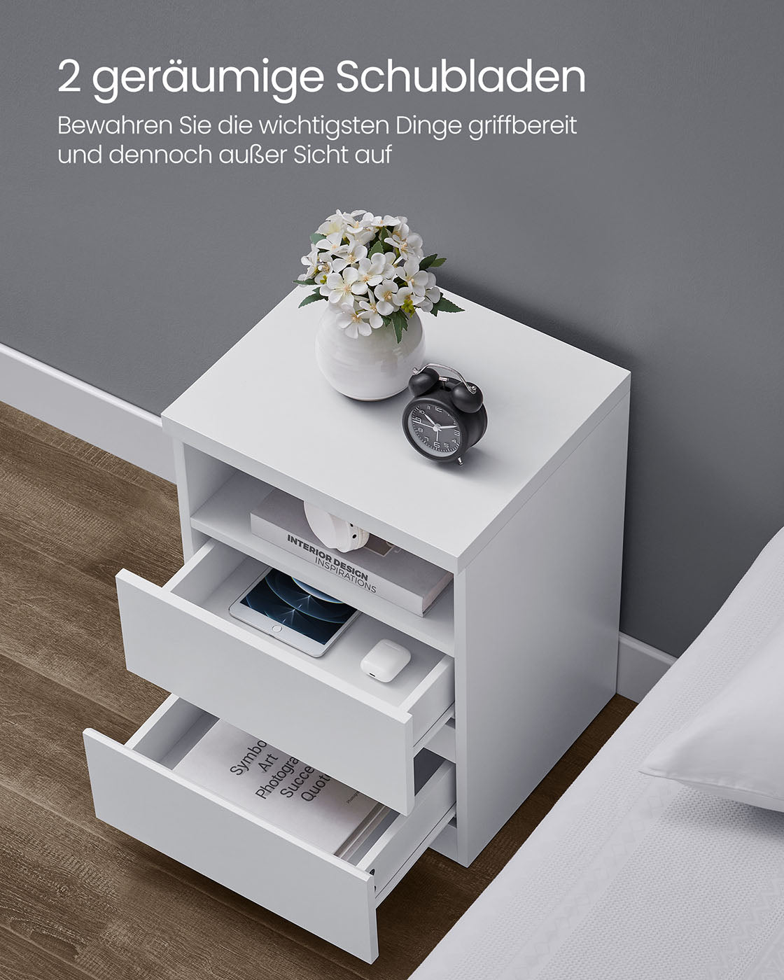 Nachtkastje met LED-verlichting – 3 lades – Wolkwit – Houtspaanplaat – 35 x 40 x 55 cm