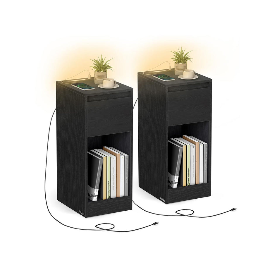 Nachtkastje met LED-verlichting – Zwart – 30 x 25 x 59,5 cm - Met USB-A & USB-C poorten