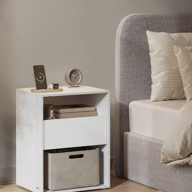 Nachtkastje met oplaadfunctie – 2× USB – 2× stopcontact – Matwit – Hoogwaardig spaanplaat