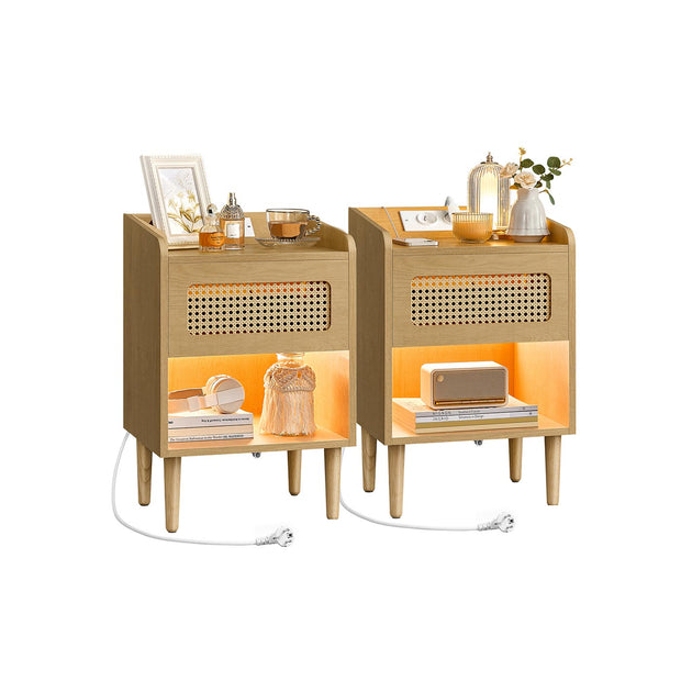 Nachtkastje met geïntegreerd laadstation en bewegingsmelder – Eikenbeige – Set van 2 – 1 lade – 35 x 40 x 60 cm