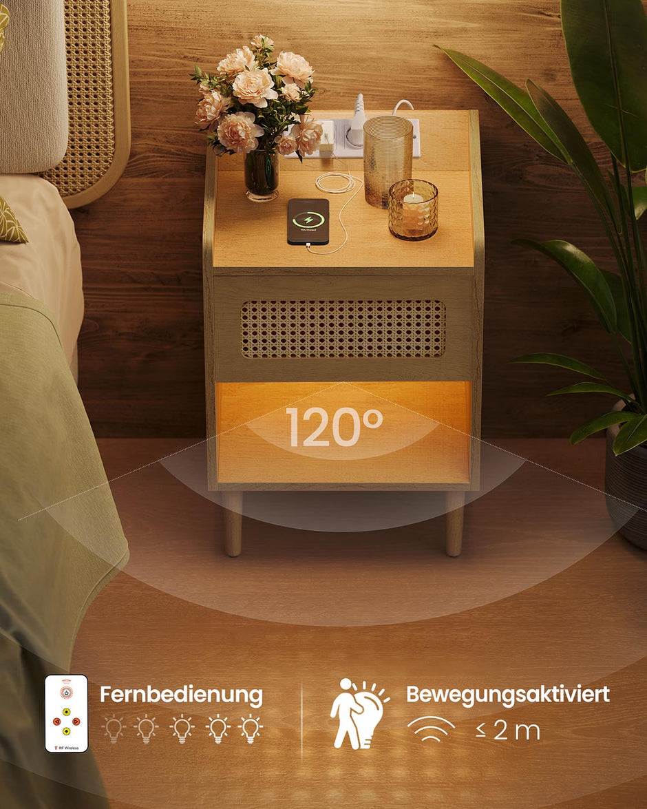 Nachtkastje met geïntegreerd laadstation en bewegingsmelder – Eikenbeige – Set van 2 – 1 lade – 35 x 40 x 60 cm