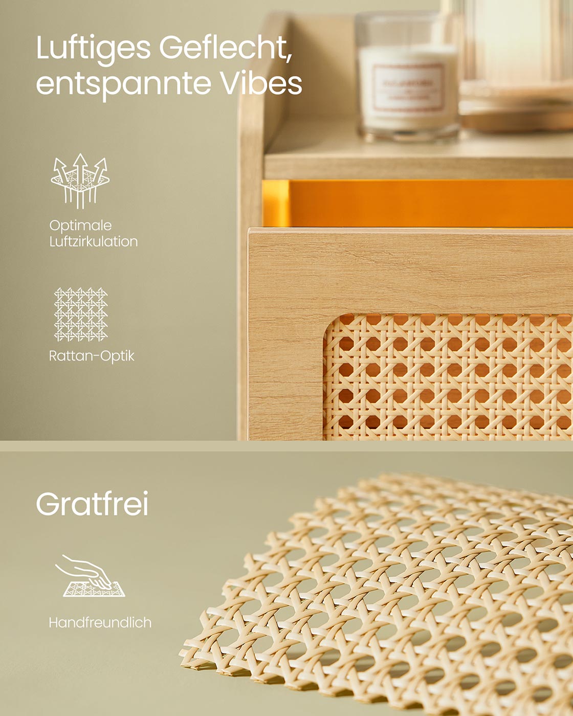 Nachtkastje met geïntegreerd laadstation en bewegingsmelder – Eikenbeige – Set van 2 – 1 lade – 35 x 40 x 60 cm