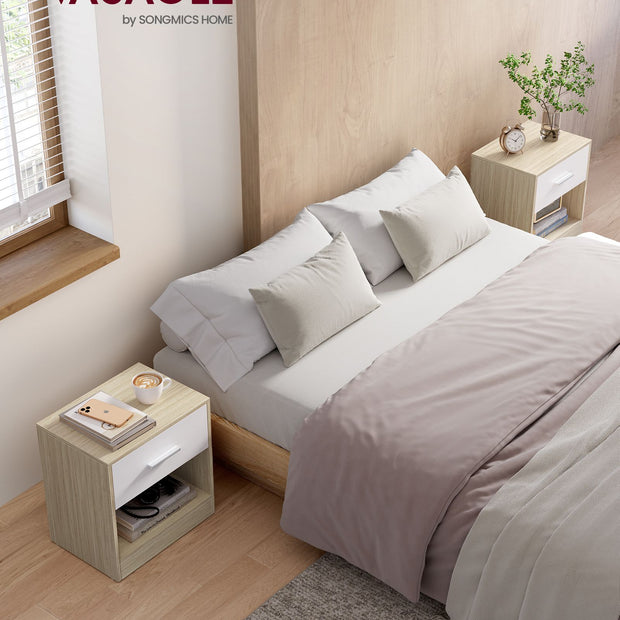 Nachtkastje set van 2 – minimalistisch ontwerp – 1 lade met soft close – naturel beige-wit