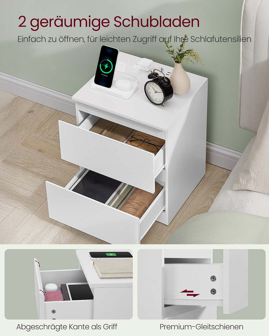 Nachtkastje set van 2 – Wolkenwit – 2 lades – Met stopcontact – Met USB poorten