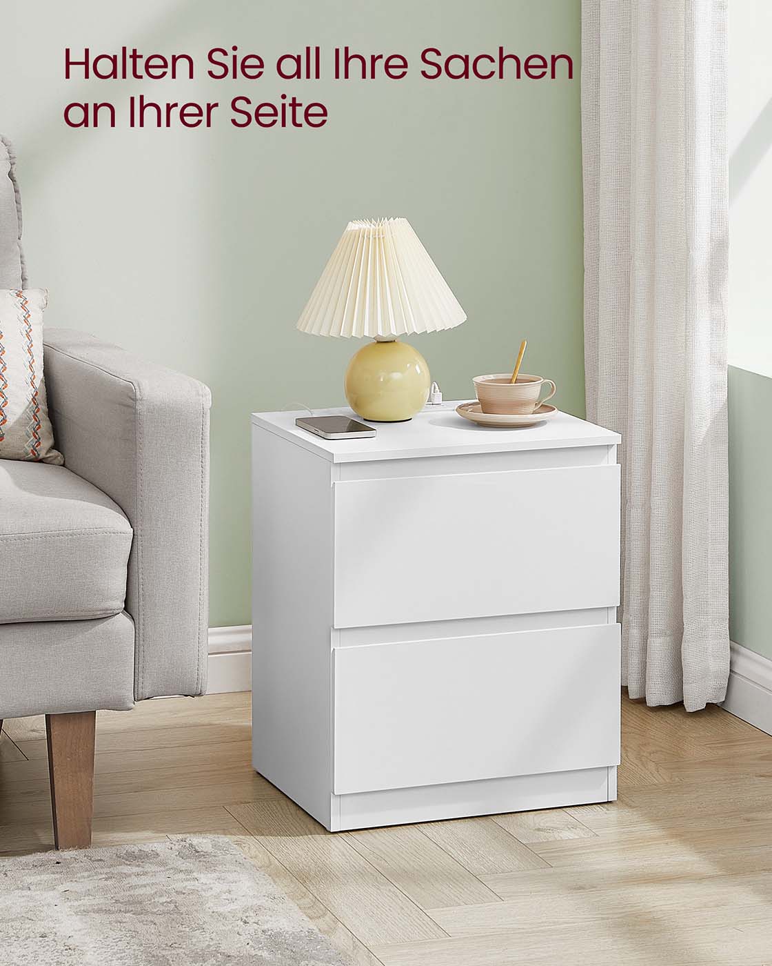 Nachtkastje set van 2 – Wolkenwit – 2 lades – Met stopcontact – Met USB poorten