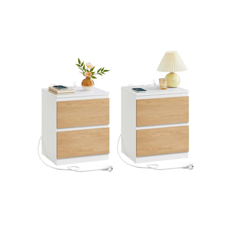 Nachtkastje set van 2 – Wolkenwit – 2 lades – Met stopcontact – Met USB poorten