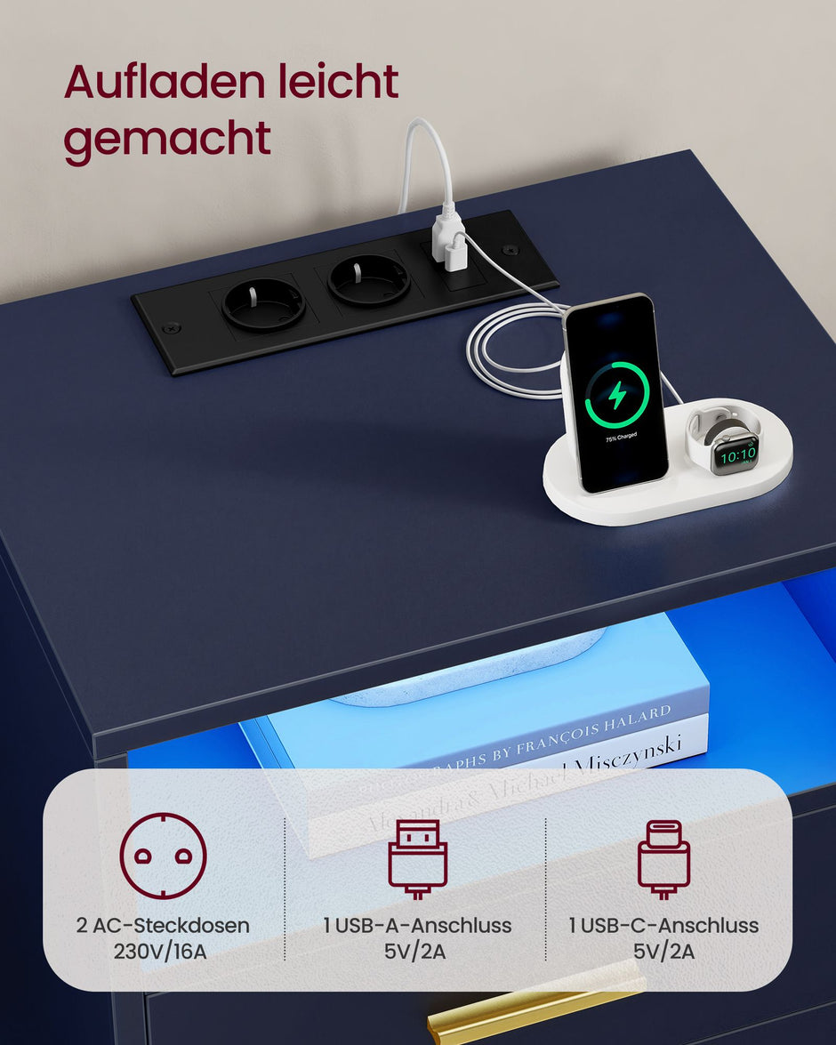 Nachtkastjes – Set van 2 – Met Oplaadstation en LED-Verlichting – Lades – Antracietblauw
