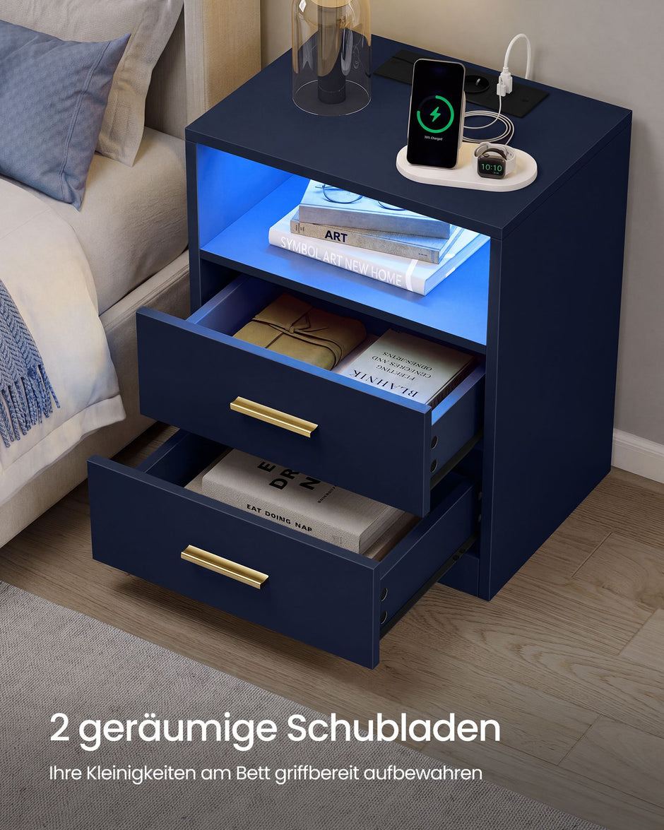 Nachtkastjes – Set van 2 – Met Oplaadstation en LED-Verlichting – Lades – Antracietblauw