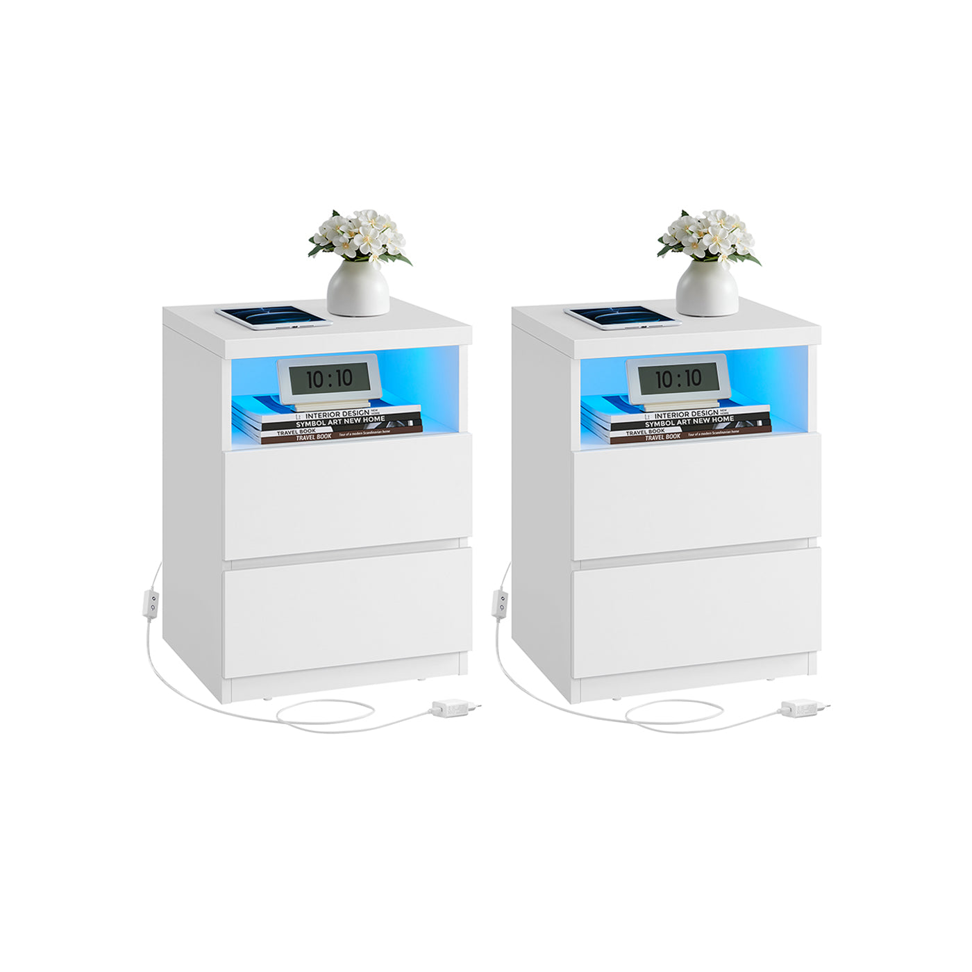 Nachtkastje set van 2 met LED-verlichting – wolkwit