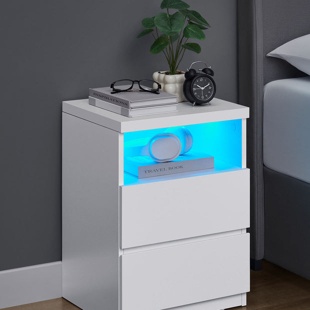 Nachtkastje met LED-verlichting – 2 lades – Wolkwit – Houtspaanplaat – 35 x 40 x 55 cm