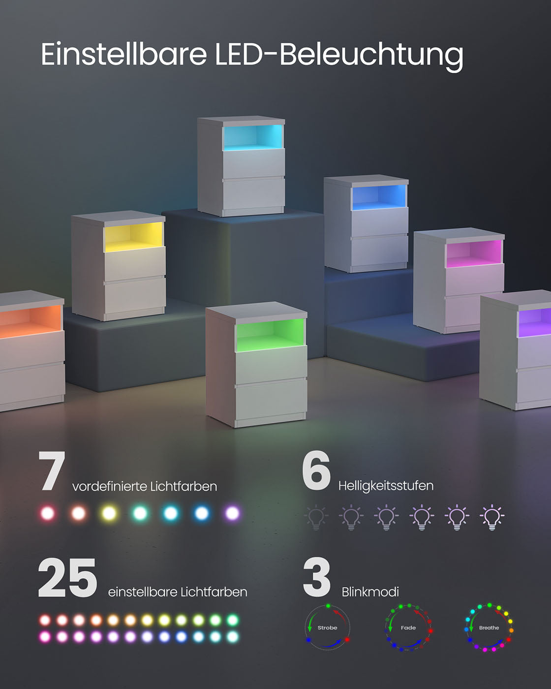 Nachtkastje set van 2 met LED-verlichting – wolkwit