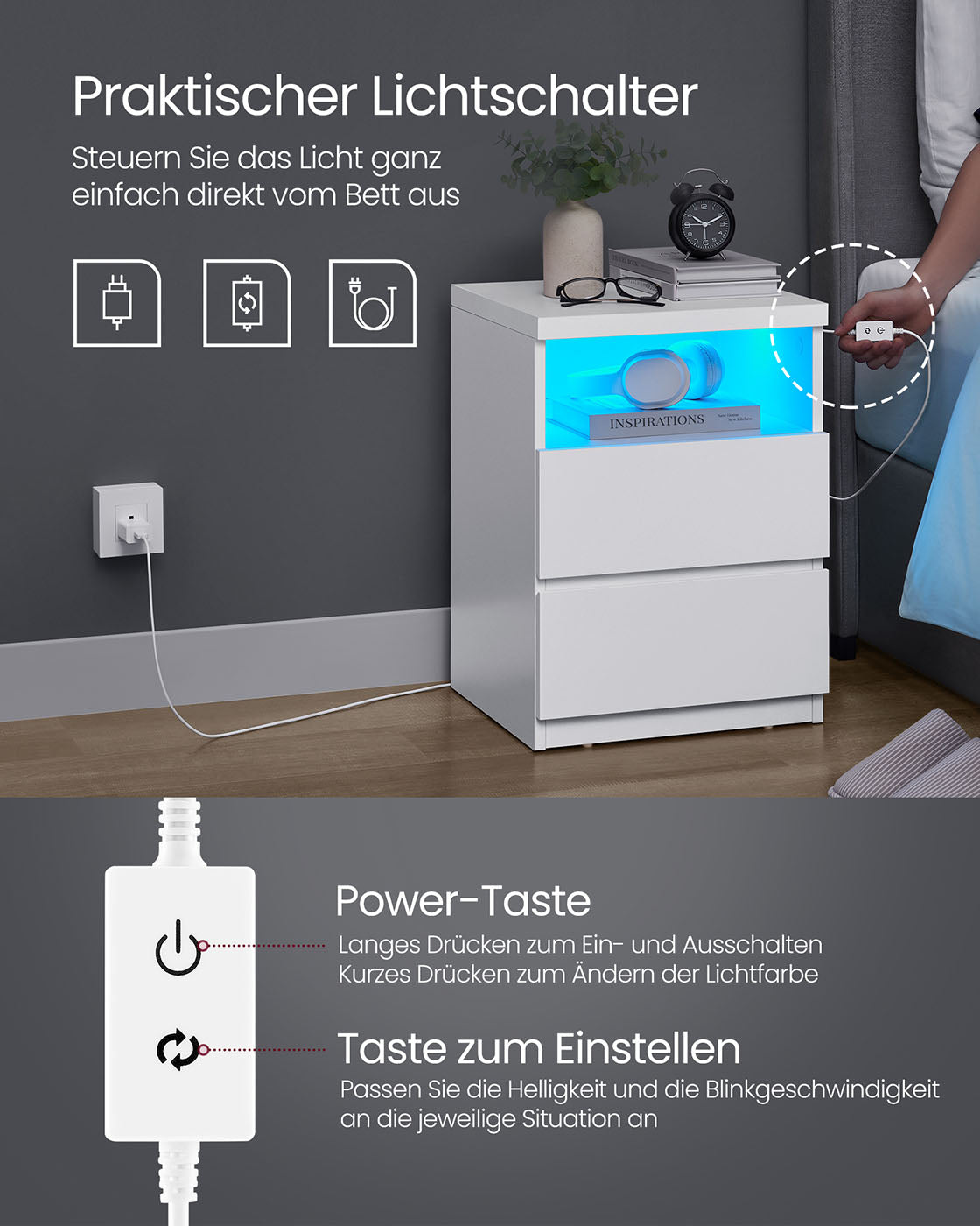 Nachtkastje met LED-verlichting – 2 lades – Wolkwit – Houtspaanplaat – 35 x 40 x 55 cm