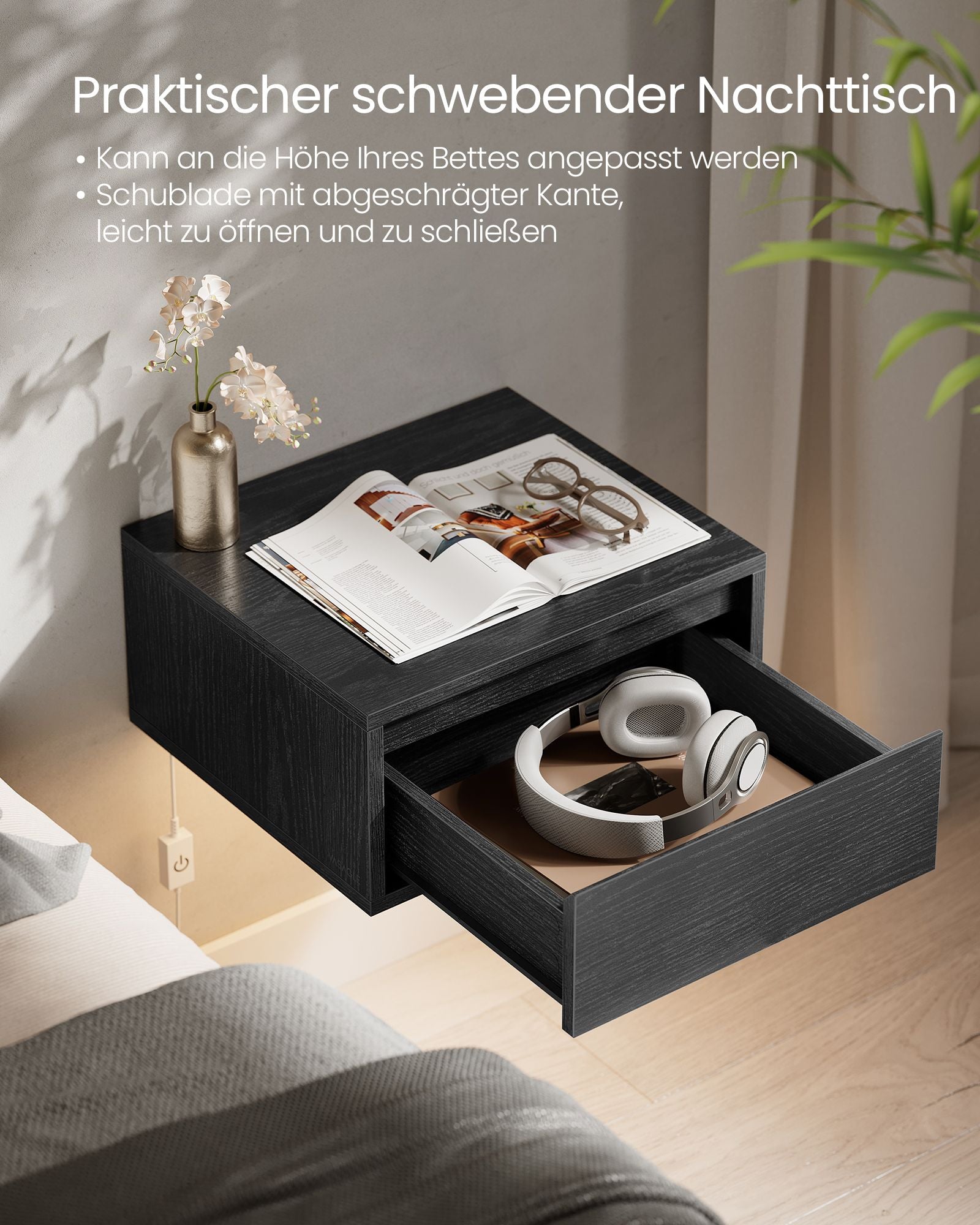 Nachtkastje met 50 kg draagvermogen – Ruimtebesparend – Ebbenhout zwart