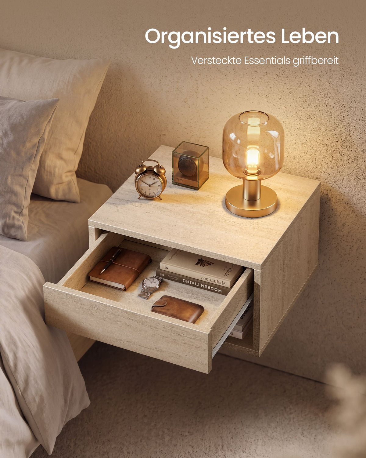 Zwevende Nachtkastjes – Set van 2 – Met Lade – Wandmontage – Travertijnbeige