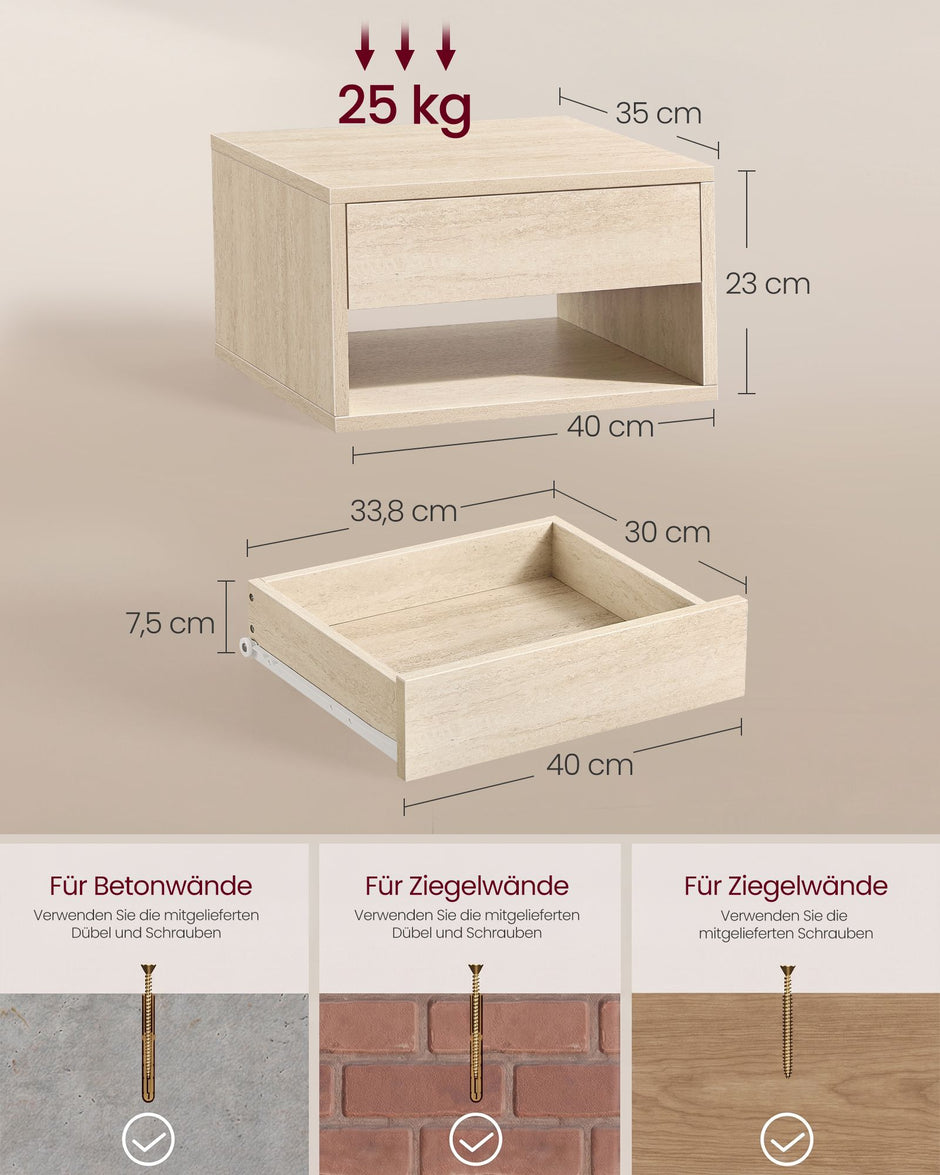 Zwevende Nachtkastjes – Set van 2 – Met Lade – Wandmontage – Travertijnbeige