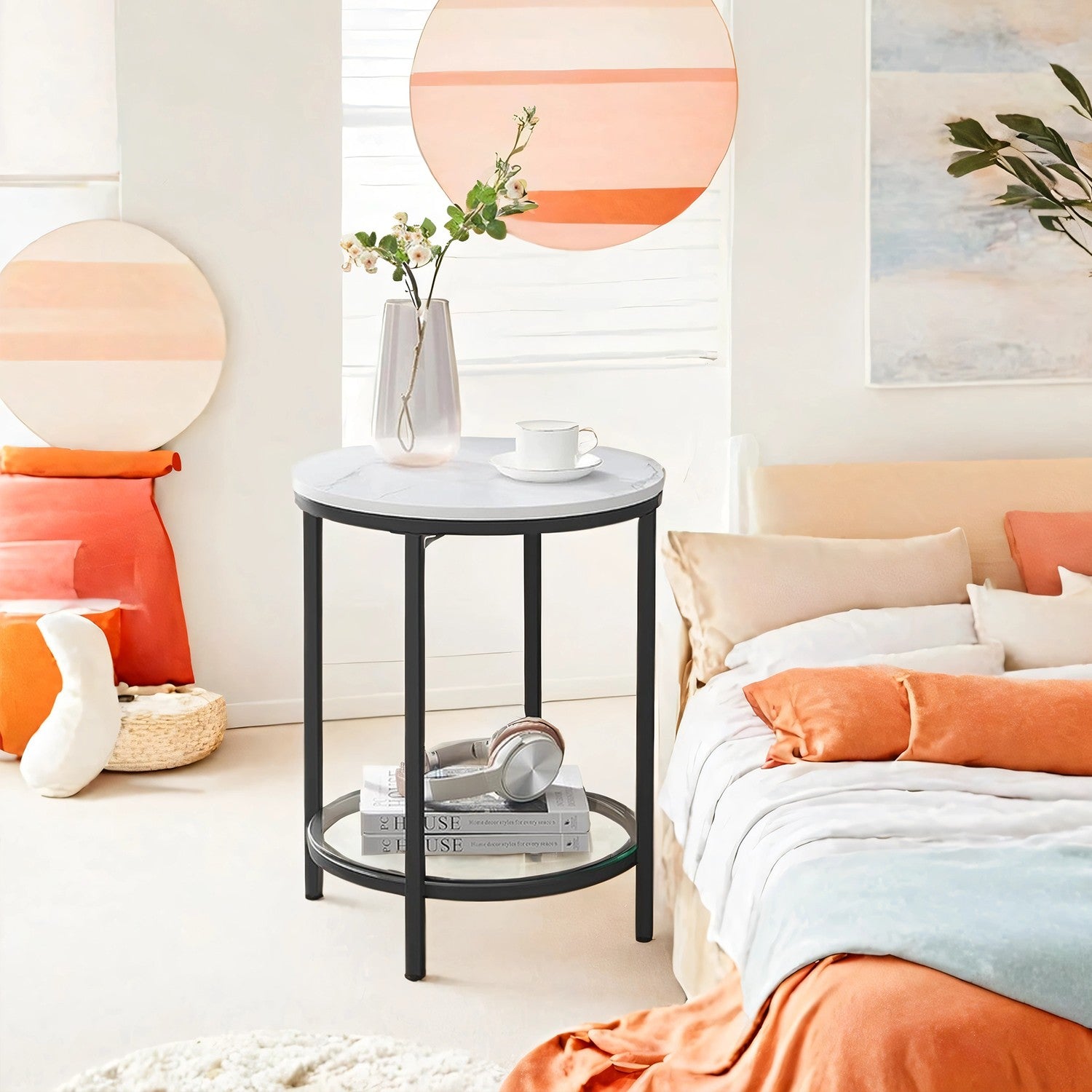 Bijzettafel – 2 Niveaus – Marmerlook Wit – Zwart Frame