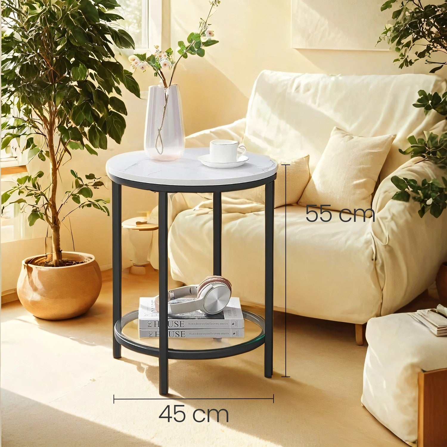 Bijzettafel – 2 Niveaus – Marmerlook Wit – Zwart Frame