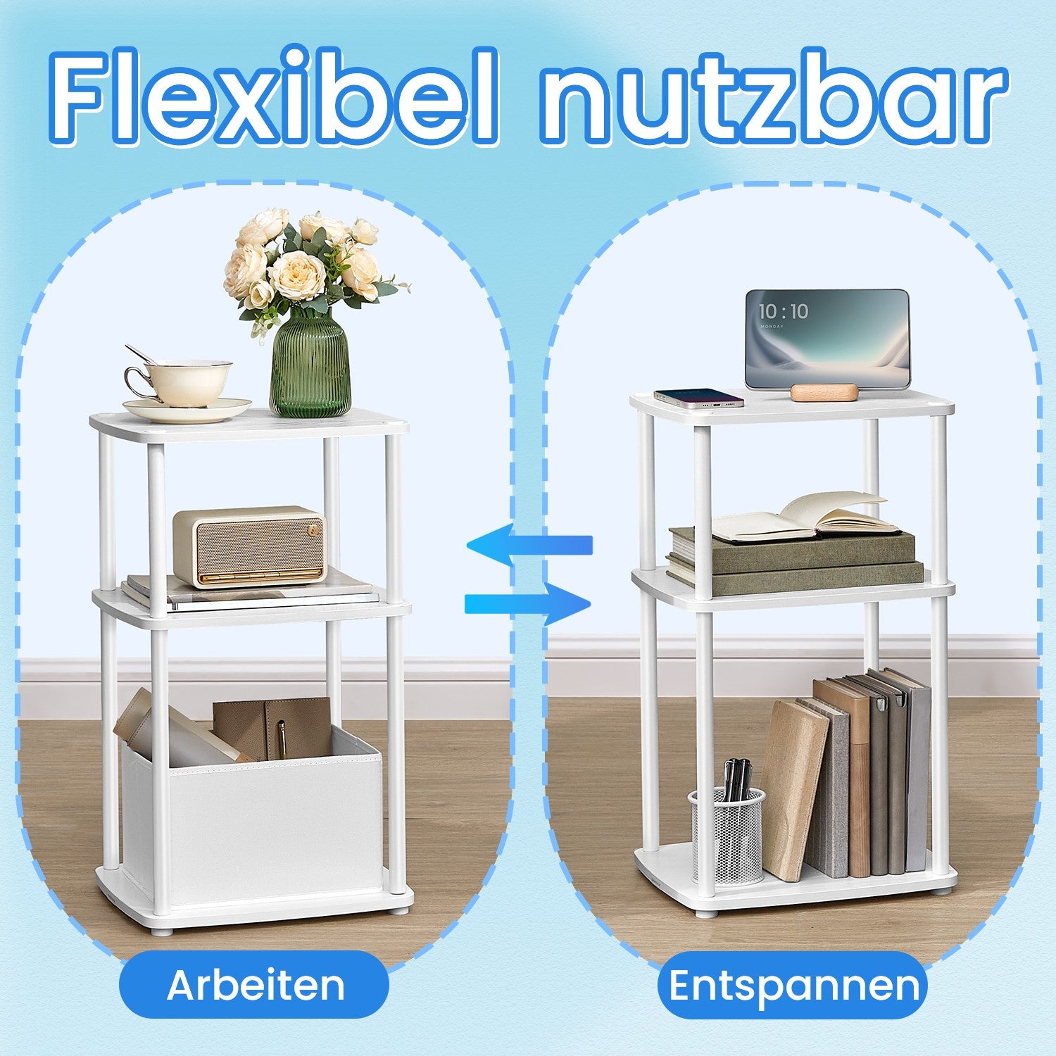 Bijzettafel met 3 planken – 30 x 34 x 58 cm, sneeuwwit