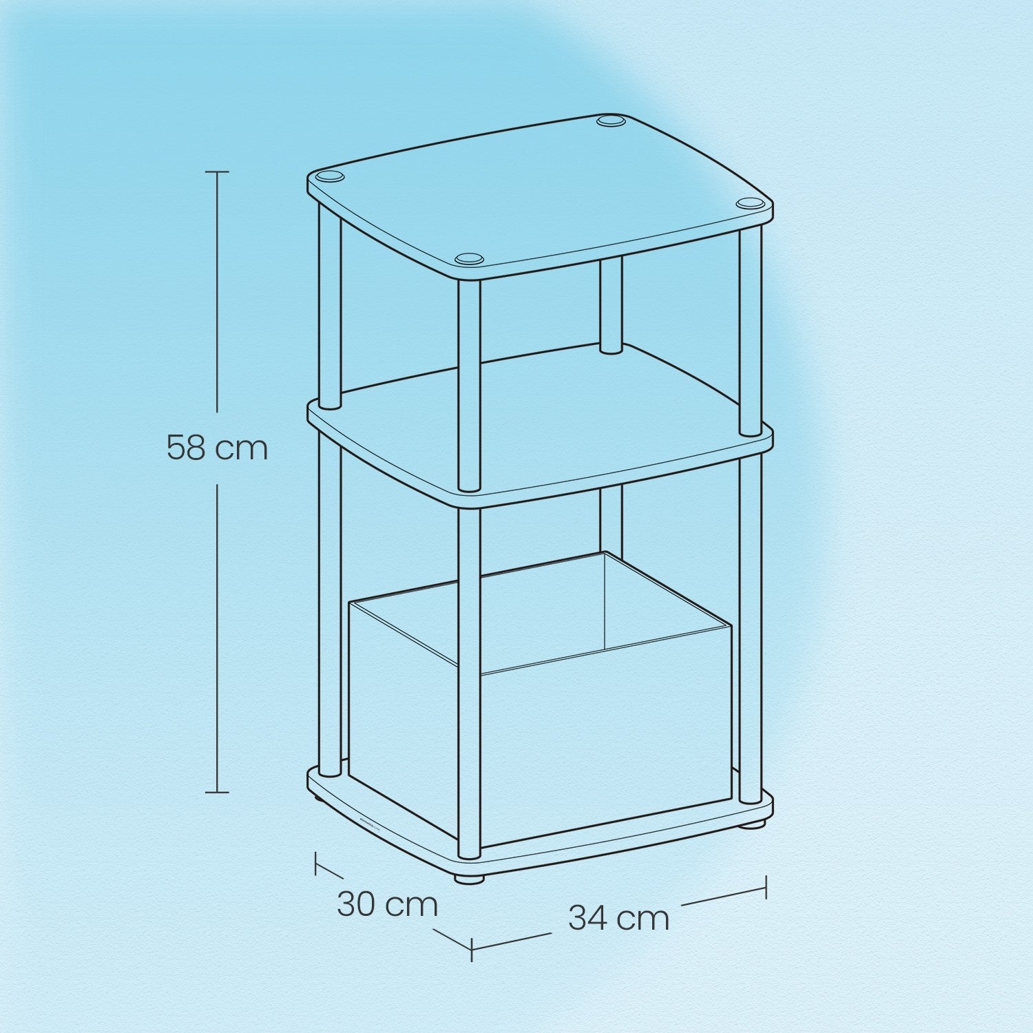 Bijzettafel met 3 planken – 30 x 34 x 58 cm, sneeuwwit