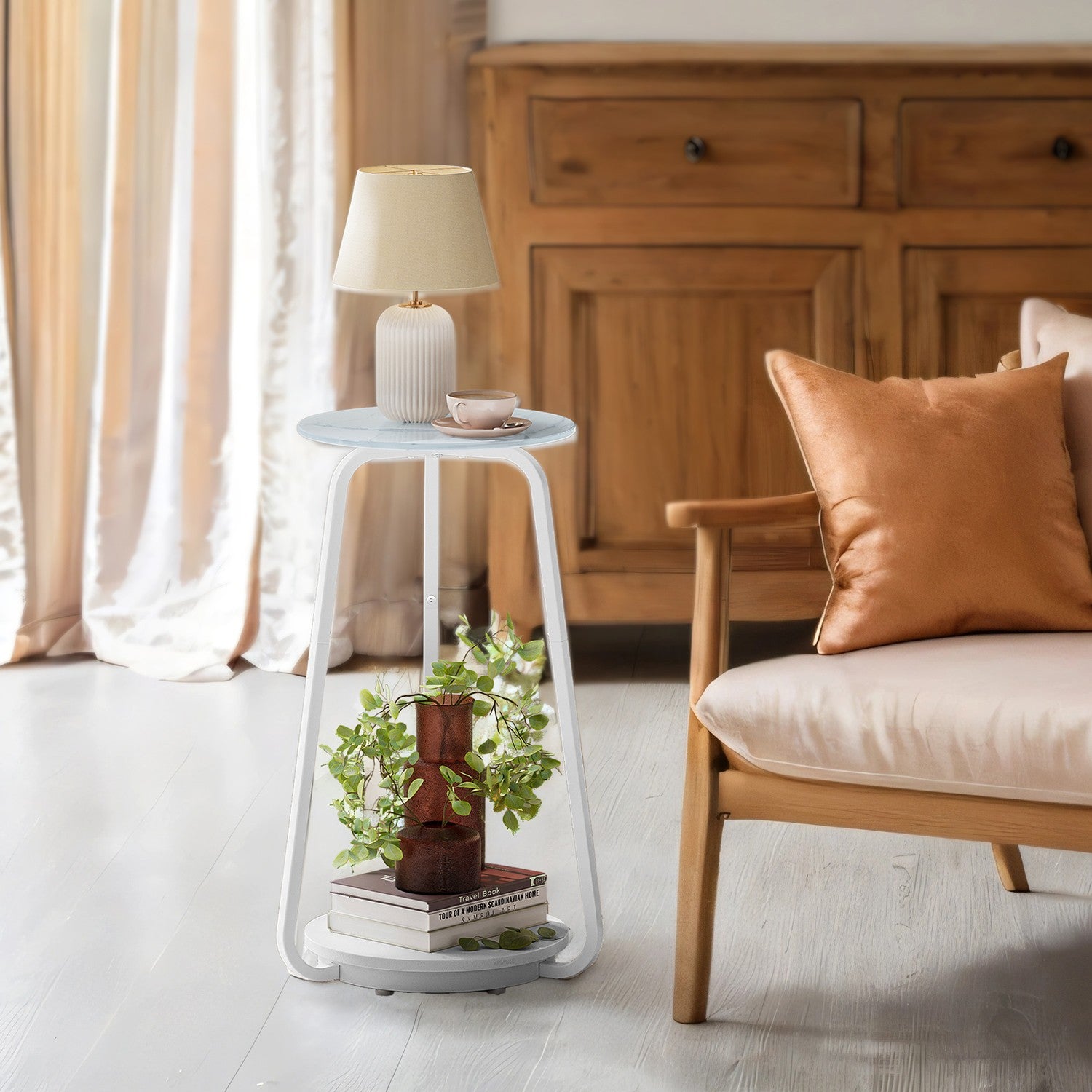 Bijzettafel – Rond – 2 Niveaus – Glazen Blad en Plank