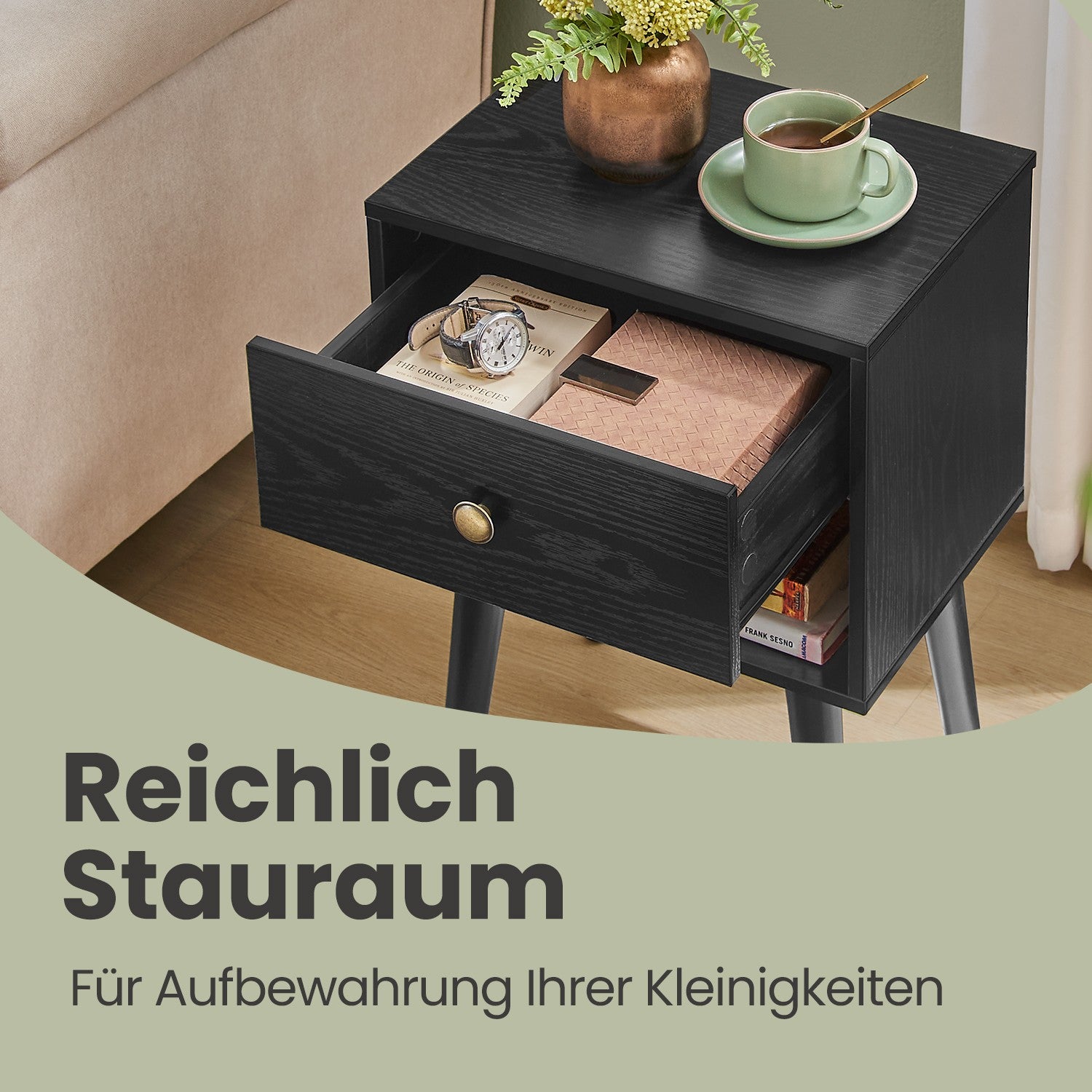 Nachtkastje, bijzettafel met lade en open plank, houten poten