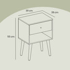 Nachtkastje, bijzettafel met lade en open plank, houten poten