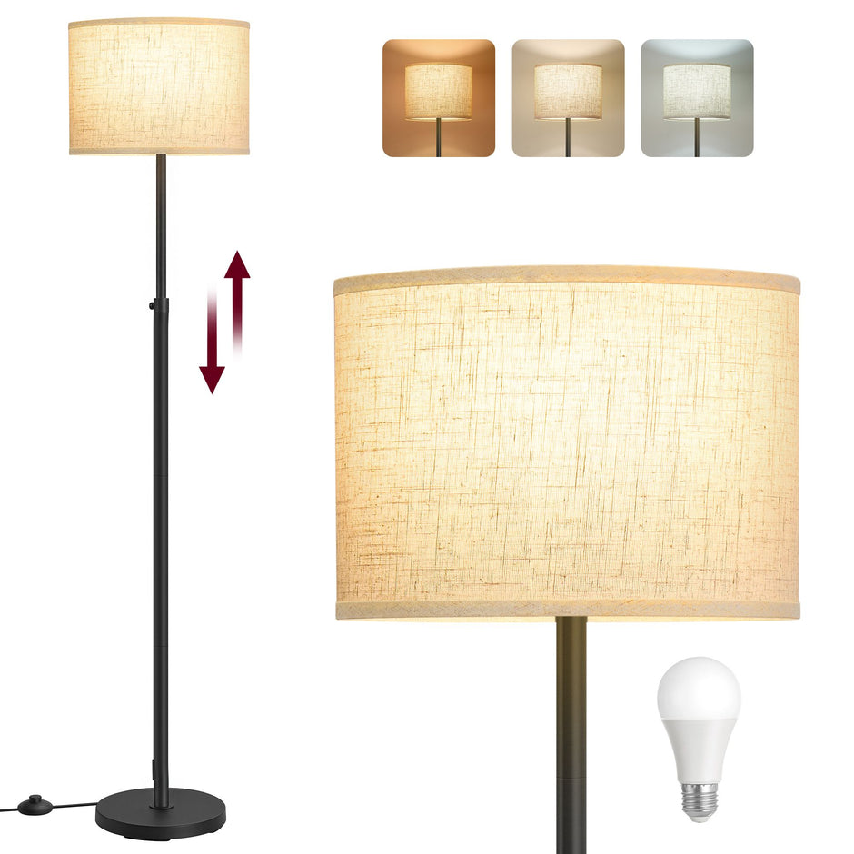 Vloerlamp – In Hoogte Verstelbaar 140-170 cm – 3 Lichtkleuren – Voetschakelaar – Stoffen Kap – Inktzwart
