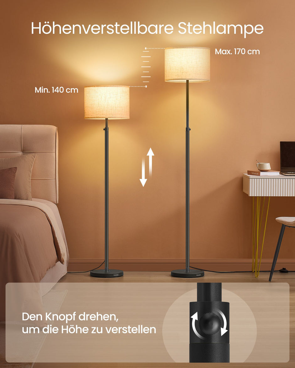 Vloerlamp – In Hoogte Verstelbaar 140-170 cm – 3 Lichtkleuren – Voetschakelaar – Stoffen Kap – Inktzwart