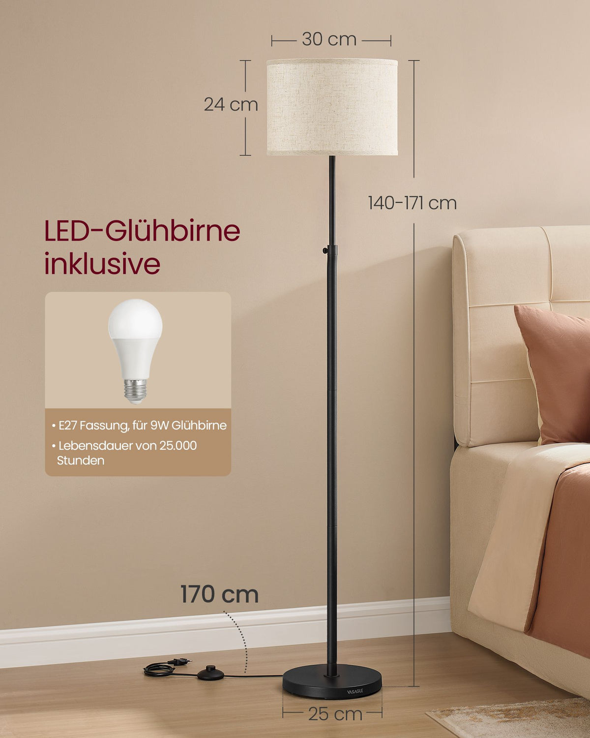 Vloerlamp – In Hoogte Verstelbaar 140-170 cm – 3 Lichtkleuren – Voetschakelaar – Stoffen Kap – Inktzwart
