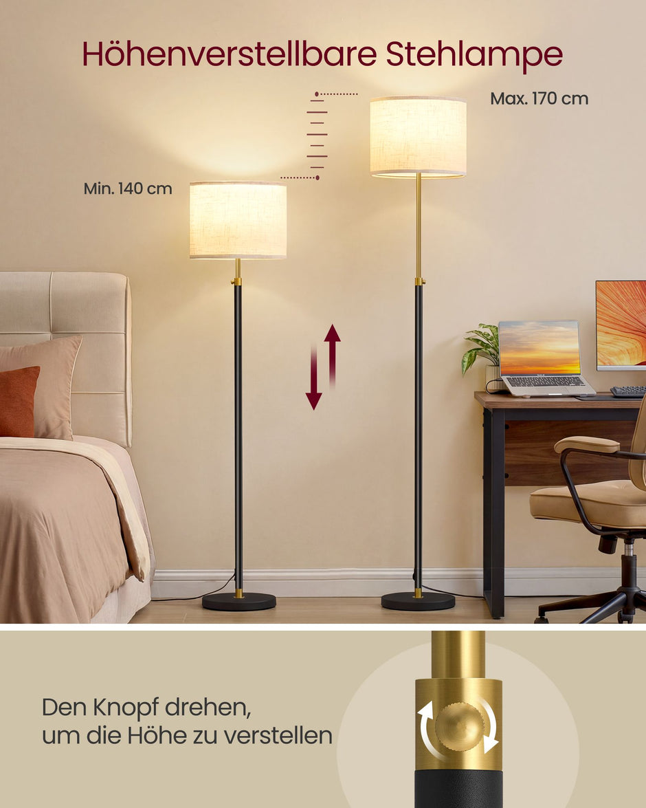 Vloerlamp – In Hoogte Verstelbaar 140-170 cm – Met Afstandsbediening – Stoffen Kap – Inktzwart