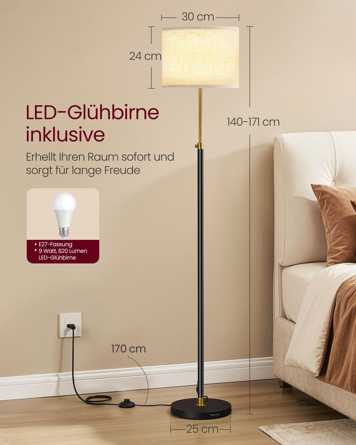 Vloerlamp – In Hoogte Verstelbaar 140-170 cm – Met Afstandsbediening – Stoffen Kap – Inktzwart