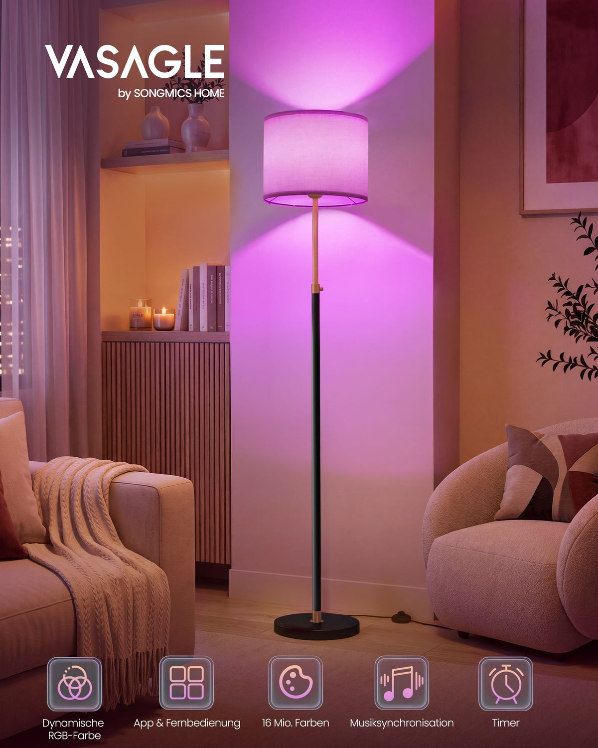 Staande Lamp – RGB LED – App-bediening en Muziekmodus – 140-170 cm – Goud en Zwart